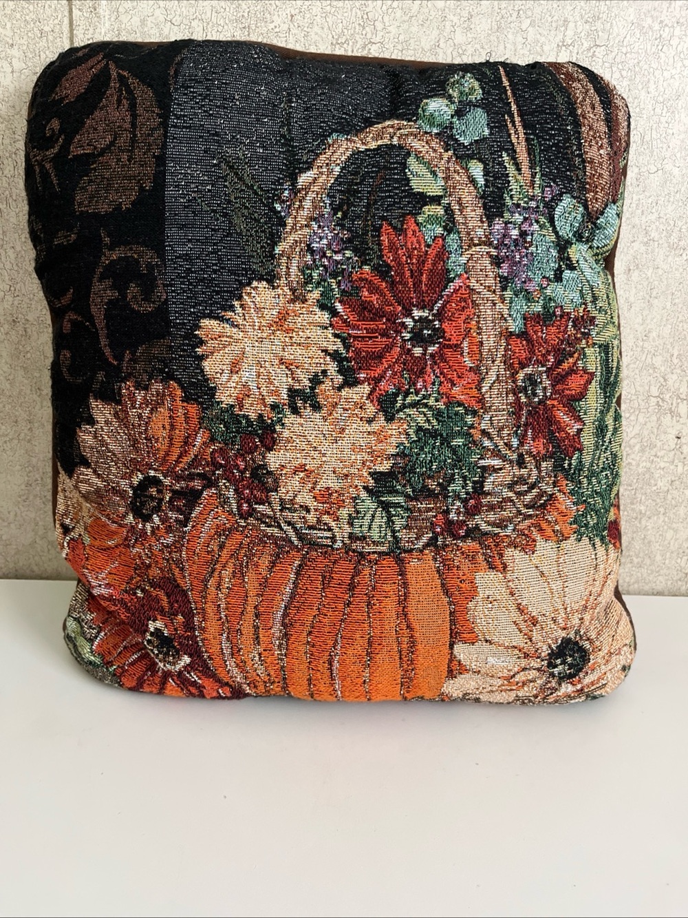 Fall Tapestry Pillow Autumn Pumpkin Harvest Sally Eckman Roberts 15x15